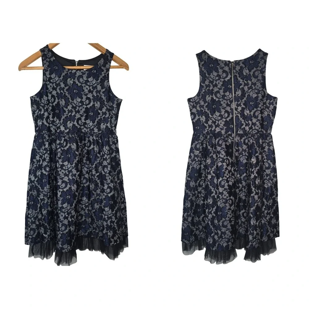 Justice Lace Tulle Fit and Flare Dress Girls 14 Navy Blue Silver Holiday Party